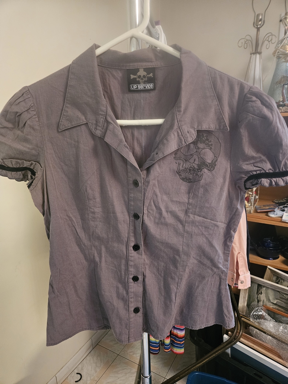 Lip Service Women's Lavender Skull Button-Up Top Punk Rockabilly